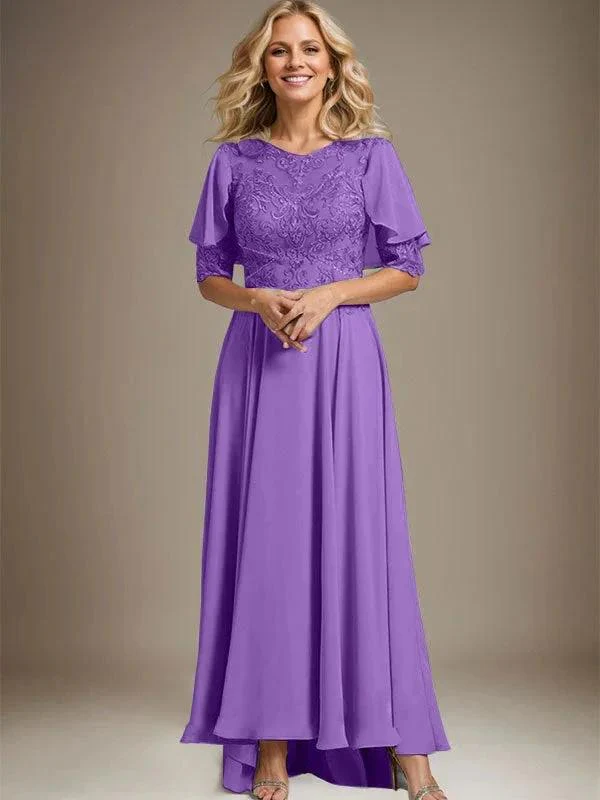 A-line Scoop Illusion Asymmetrical Chiffon Lace Mother of the Bride Dress With Beading - Image 34