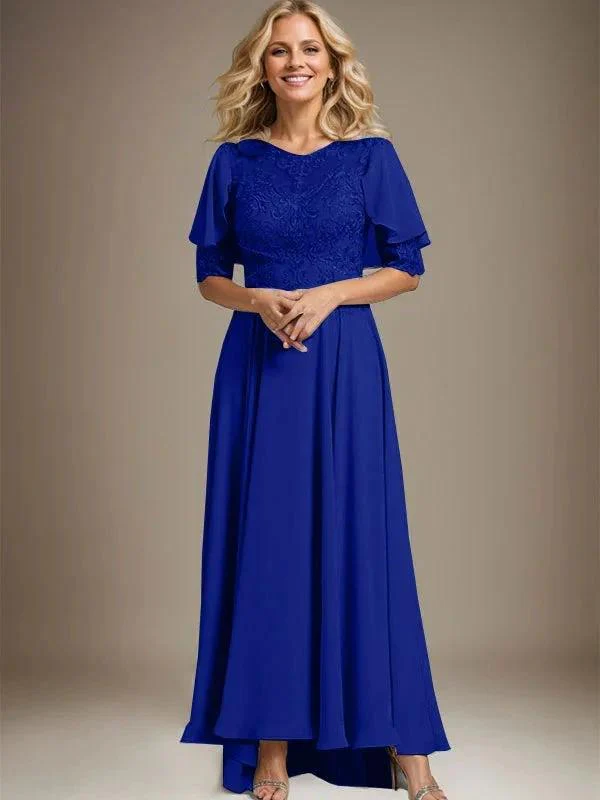 A-line Scoop Illusion Asymmetrical Chiffon Lace Mother of the Bride Dress With Beading - Image 35