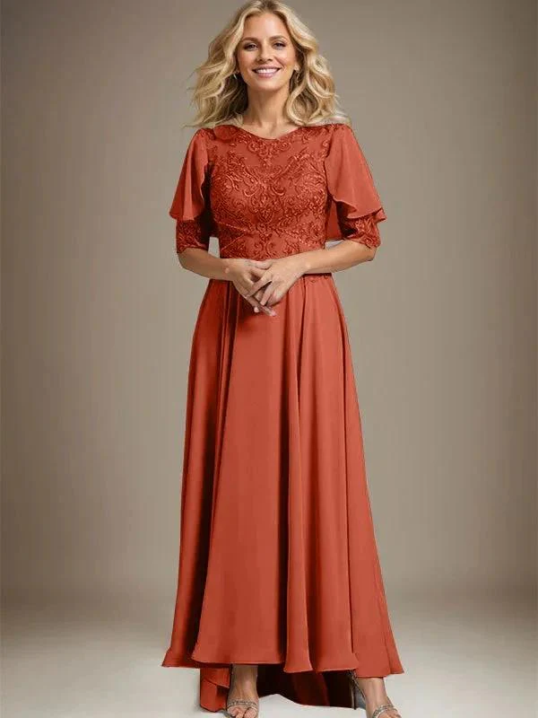 A-line Scoop Illusion Asymmetrical Chiffon Lace Mother of the Bride Dress With Beading - Image 36