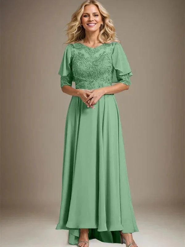 A-line Scoop Illusion Asymmetrical Chiffon Lace Mother of the Bride Dress With Beading - Image 37