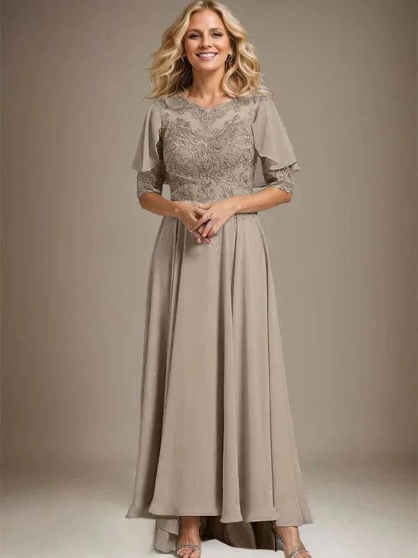 A-line Scoop Illusion Asymmetrical Chiffon Lace Mother of the Bride Dress With Beading - Image 38