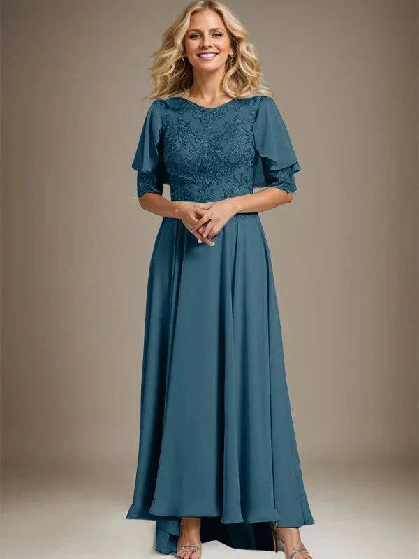 A-line Scoop Illusion Asymmetrical Chiffon Lace Mother of the Bride Dress With Beading - Image 39