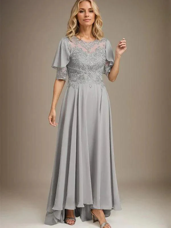 A-line Scoop Illusion Asymmetrical Chiffon Lace Mother of the Bride Dress With Beading - Image 4