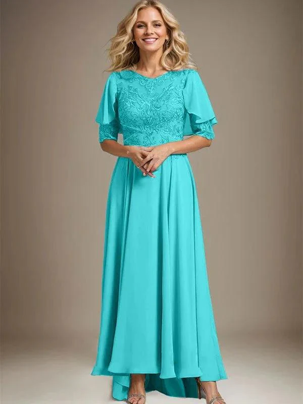 A-line Scoop Illusion Asymmetrical Chiffon Lace Mother of the Bride Dress With Beading - Image 40