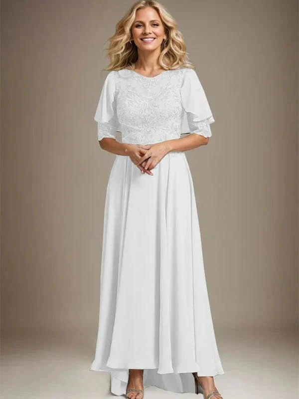 A-line Scoop Illusion Asymmetrical Chiffon Lace Mother of the Bride Dress With Beading - Image 41