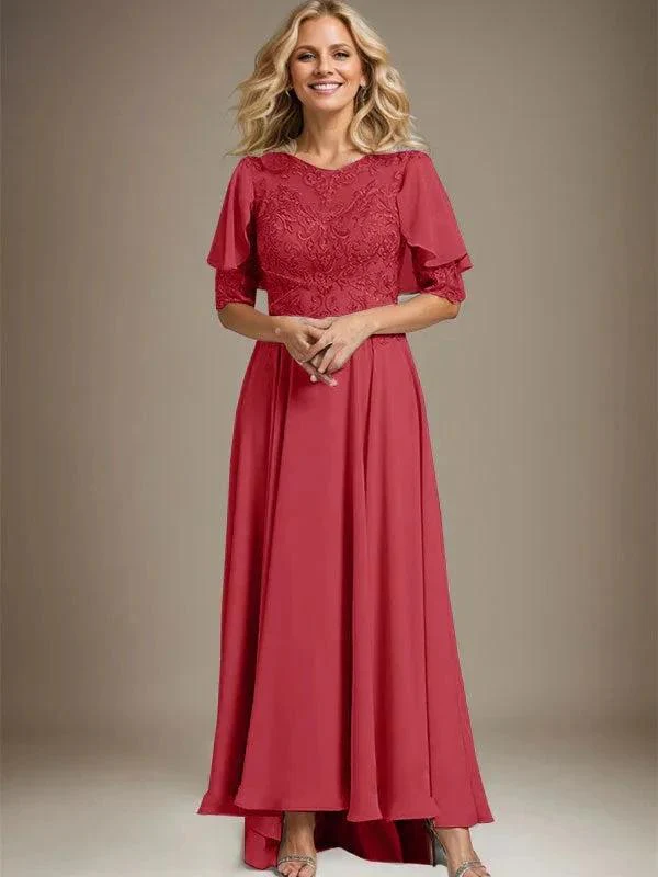 A-line Scoop Illusion Asymmetrical Chiffon Lace Mother of the Bride Dress With Beading - Image 42
