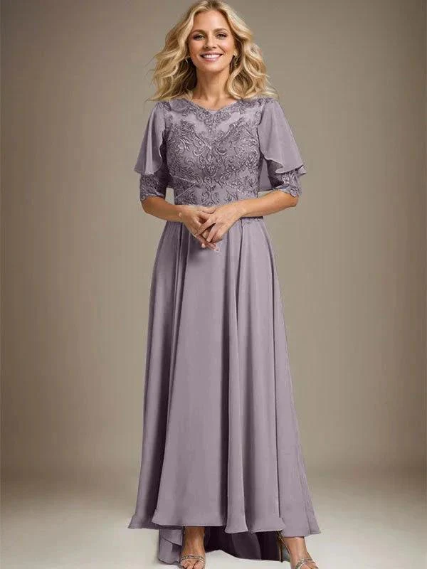 A-line Scoop Illusion Asymmetrical Chiffon Lace Mother of the Bride Dress With Beading - Image 43