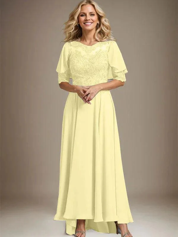 A-line Scoop Illusion Asymmetrical Chiffon Lace Mother of the Bride Dress With Beading - Image 44