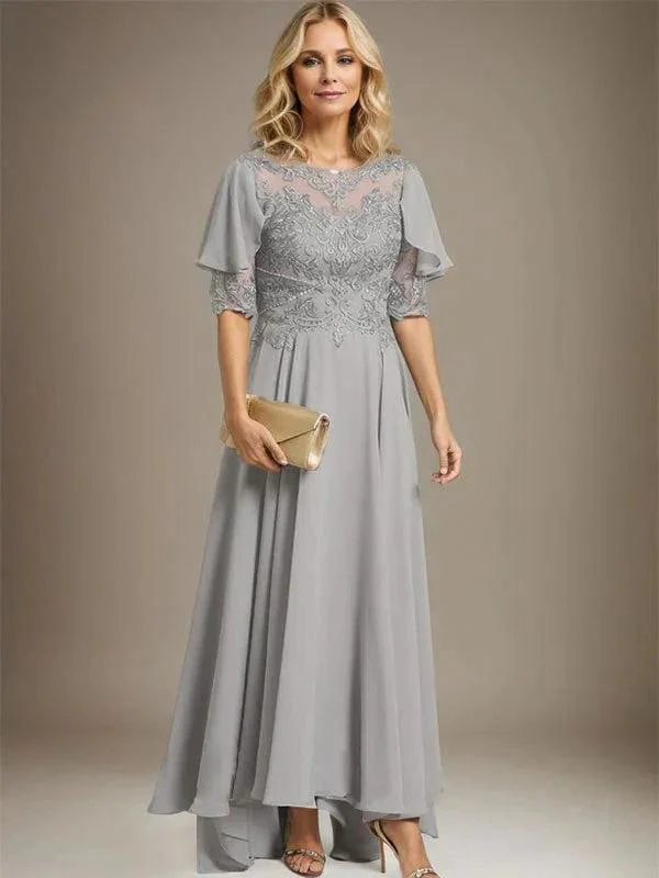 A-line Scoop Illusion Asymmetrical Chiffon Lace Mother of the Bride Dress With Beading - Image 6