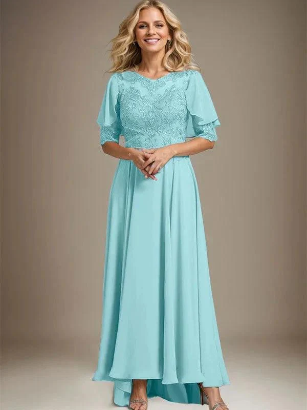 A-line Scoop Illusion Asymmetrical Chiffon Lace Mother of the Bride Dress With Beading - Image 8