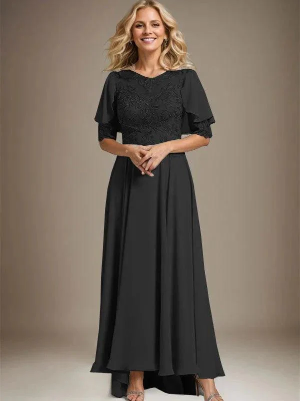 A-line Scoop Illusion Asymmetrical Chiffon Lace Mother of the Bride Dress With Beading - Image 9