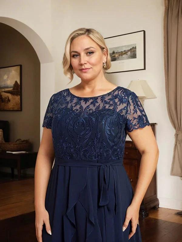 A-line Scoop Illusion Asymmetrical Chiffon Lace Mother of the Bride Dress With Bow Ruffle Sequins - Image 10
