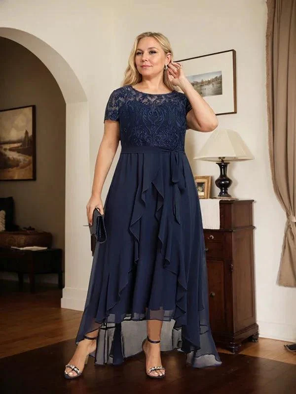 A-line Scoop Illusion Asymmetrical Chiffon Lace Mother of the Bride Dress With Bow Ruffle Sequins - Image 11