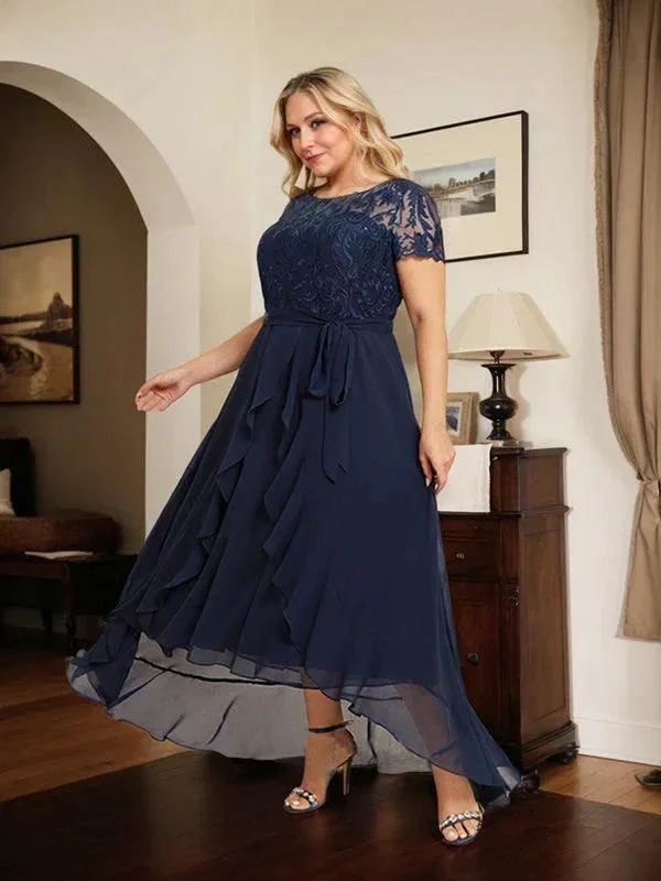A-line Scoop Illusion Asymmetrical Chiffon Lace Mother of the Bride Dress With Bow Ruffle Sequins - Image 12