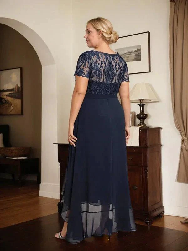 A-line Scoop Illusion Asymmetrical Chiffon Lace Mother of the Bride Dress With Bow Ruffle Sequins - Image 13