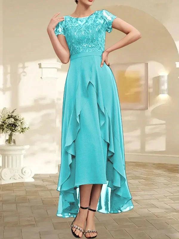 A-line Scoop Illusion Asymmetrical Chiffon Lace Mother of the Bride Dress With Bow Ruffle Sequins - Image 14