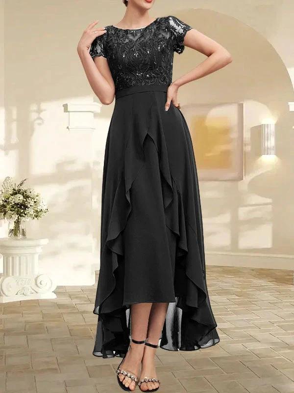 A-line Scoop Illusion Asymmetrical Chiffon Lace Mother of the Bride Dress With Bow Ruffle Sequins - Image 15