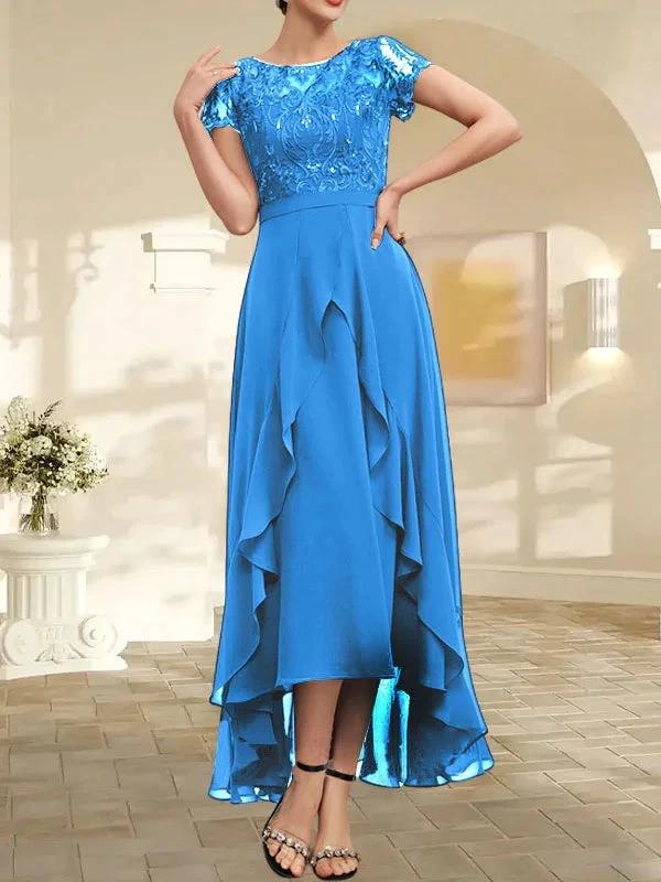 A-line Scoop Illusion Asymmetrical Chiffon Lace Mother of the Bride Dress With Bow Ruffle Sequins - Image 16