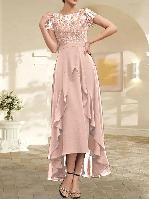 A-line Scoop Illusion Asymmetrical Chiffon Lace Mother of the Bride Dress With Bow Ruffle Sequins - Image 17