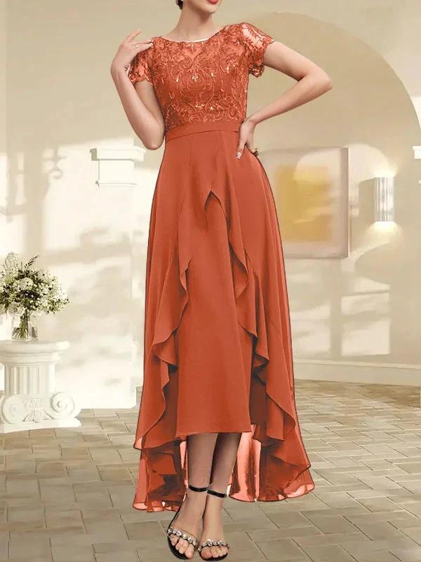 A-line Scoop Illusion Asymmetrical Chiffon Lace Mother of the Bride Dress With Bow Ruffle Sequins - Image 18