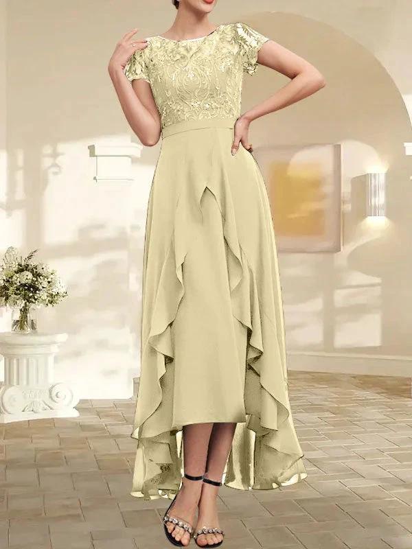 A-line Scoop Illusion Asymmetrical Chiffon Lace Mother of the Bride Dress With Bow Ruffle Sequins - Image 19