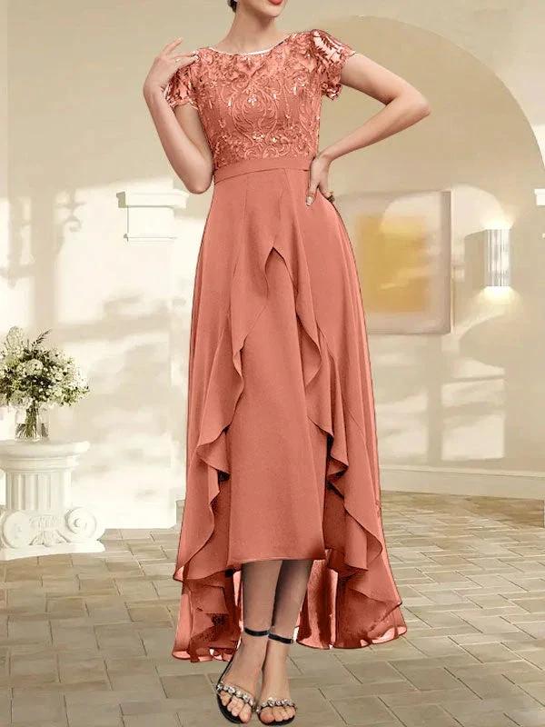 A-line Scoop Illusion Asymmetrical Chiffon Lace Mother of the Bride Dress With Bow Ruffle Sequins - Image 20