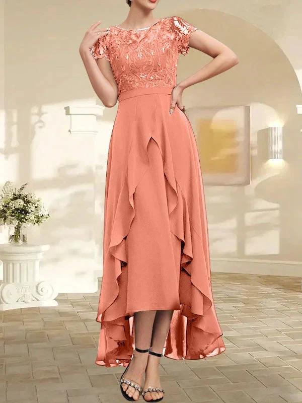 A-line Scoop Illusion Asymmetrical Chiffon Lace Mother of the Bride Dress With Bow Ruffle Sequins - Image 21