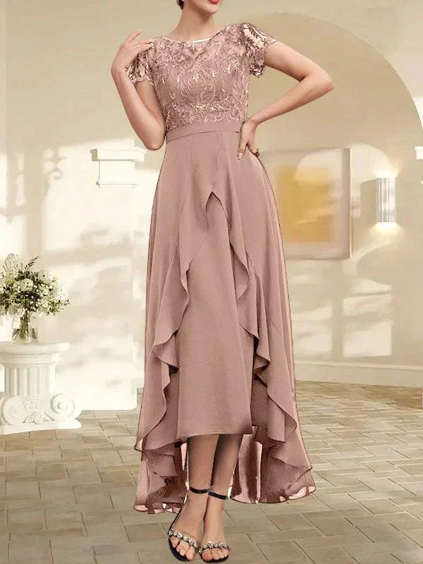 A-line Scoop Illusion Asymmetrical Chiffon Lace Mother of the Bride Dress With Bow Ruffle Sequins - Image 22