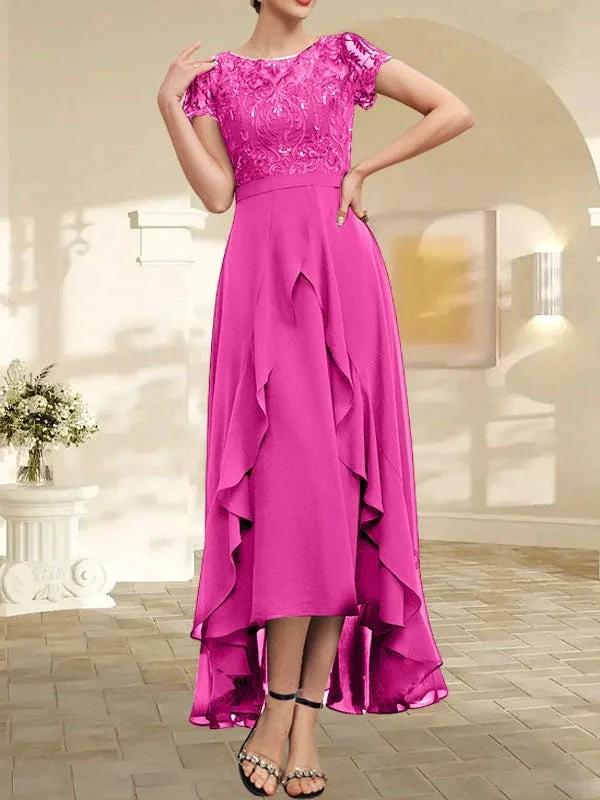 A-line Scoop Illusion Asymmetrical Chiffon Lace Mother of the Bride Dress With Bow Ruffle Sequins - Image 23