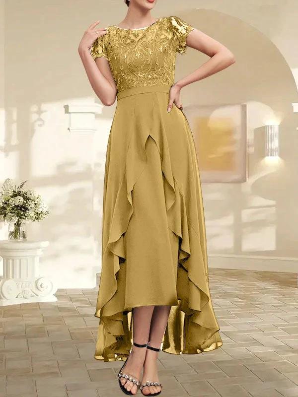 A-line Scoop Illusion Asymmetrical Chiffon Lace Mother of the Bride Dress With Bow Ruffle Sequins - Image 24