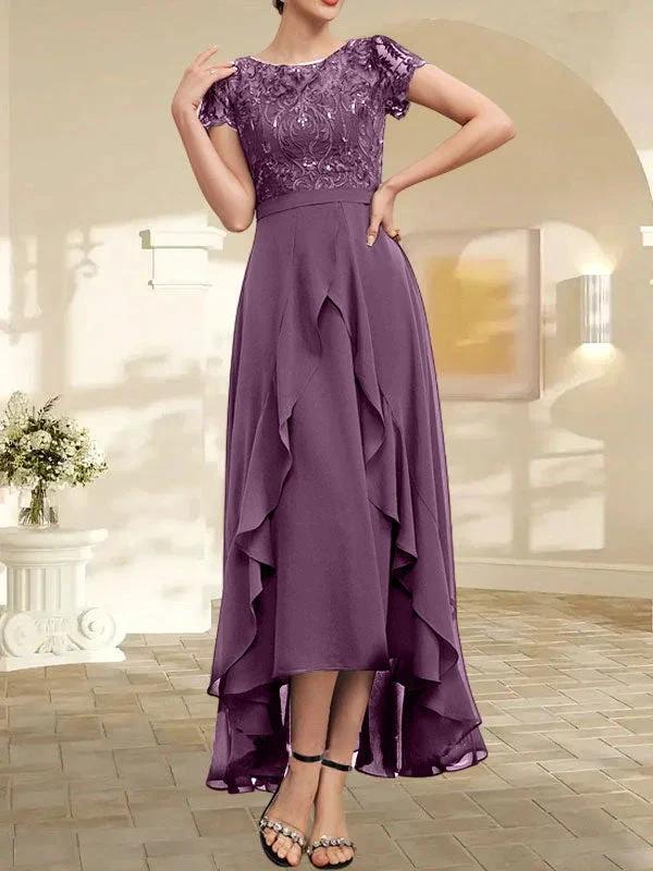 A-line Scoop Illusion Asymmetrical Chiffon Lace Mother of the Bride Dress With Bow Ruffle Sequins - Image 25
