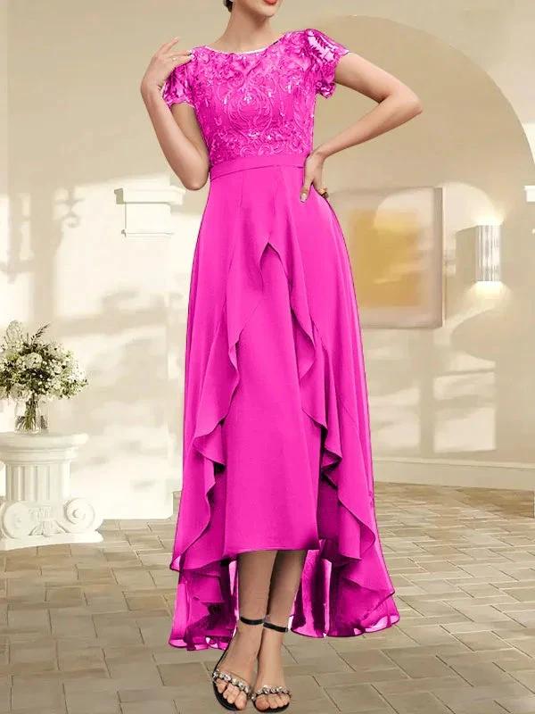 A-line Scoop Illusion Asymmetrical Chiffon Lace Mother of the Bride Dress With Bow Ruffle Sequins - Image 26