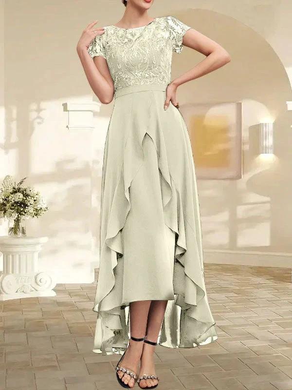 A-line Scoop Illusion Asymmetrical Chiffon Lace Mother of the Bride Dress With Bow Ruffle Sequins - Image 27