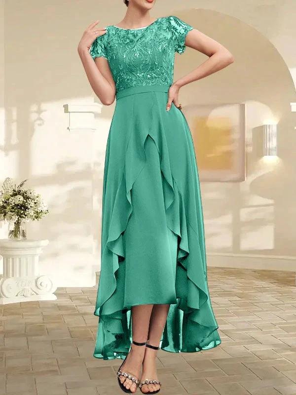 A-line Scoop Illusion Asymmetrical Chiffon Lace Mother of the Bride Dress With Bow Ruffle Sequins - Image 28