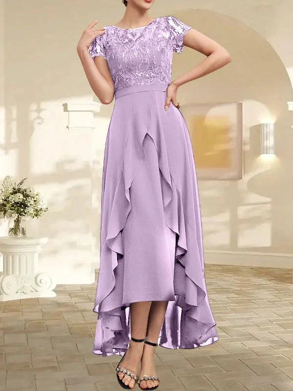 A-line Scoop Illusion Asymmetrical Chiffon Lace Mother of the Bride Dress With Bow Ruffle Sequins - Image 29