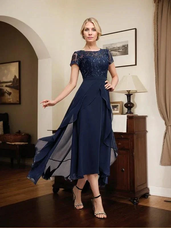 A-line Scoop Illusion Asymmetrical Chiffon Lace Mother of the Bride Dress With Bow Ruffle Sequins - Image 3