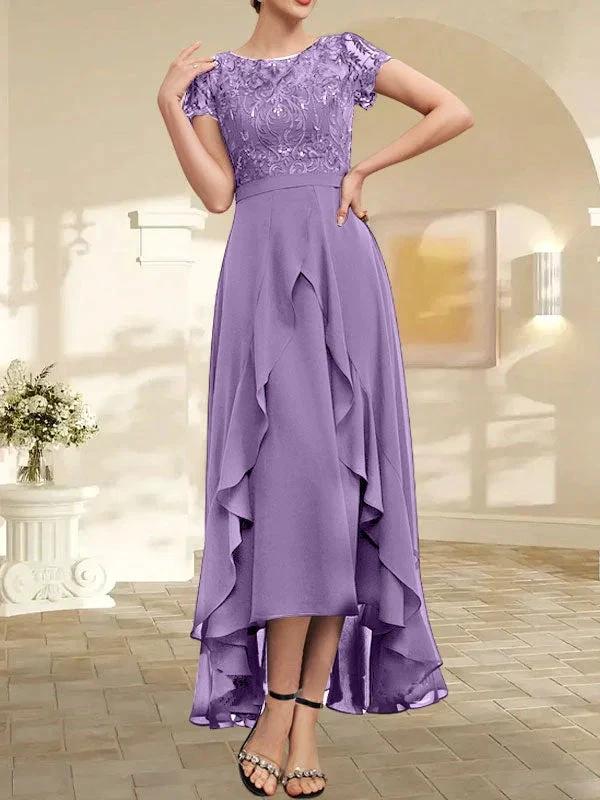 A-line Scoop Illusion Asymmetrical Chiffon Lace Mother of the Bride Dress With Bow Ruffle Sequins - Image 30