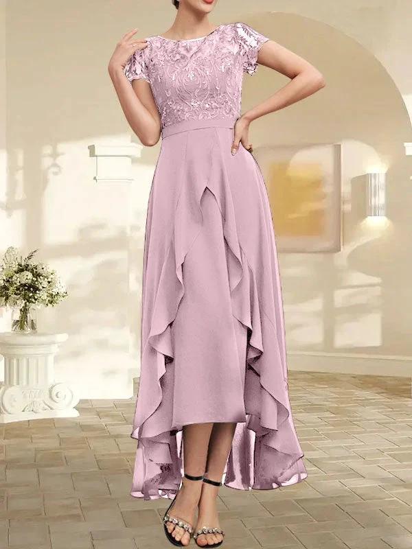 A-line Scoop Illusion Asymmetrical Chiffon Lace Mother of the Bride Dress With Bow Ruffle Sequins - Image 31