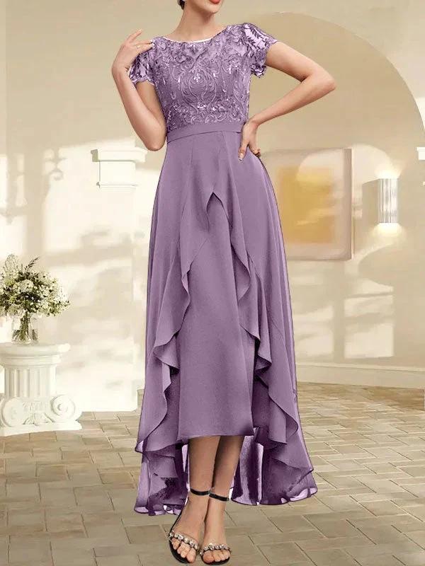 A-line Scoop Illusion Asymmetrical Chiffon Lace Mother of the Bride Dress With Bow Ruffle Sequins - Image 32