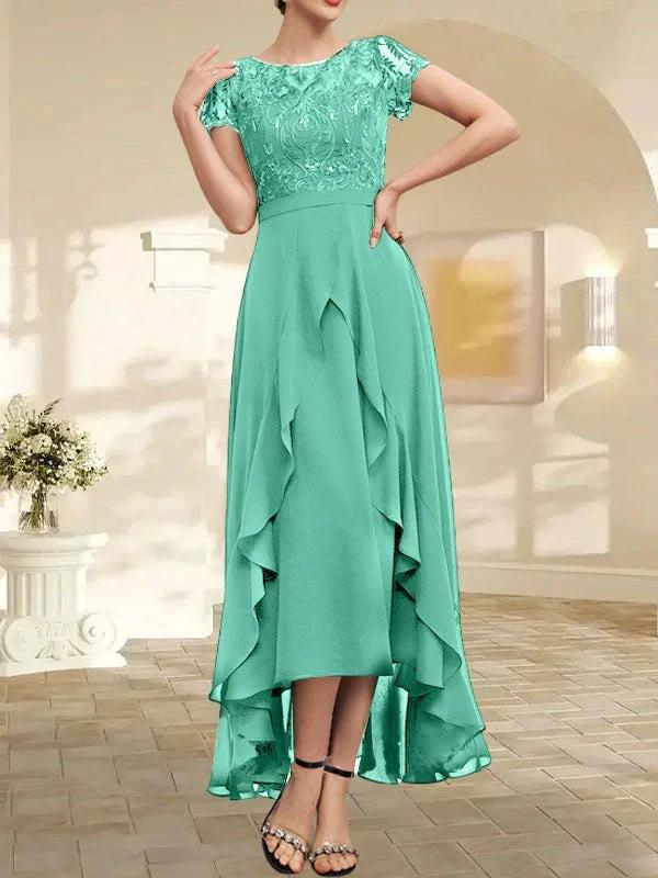 A-line Scoop Illusion Asymmetrical Chiffon Lace Mother of the Bride Dress With Bow Ruffle Sequins - Image 33