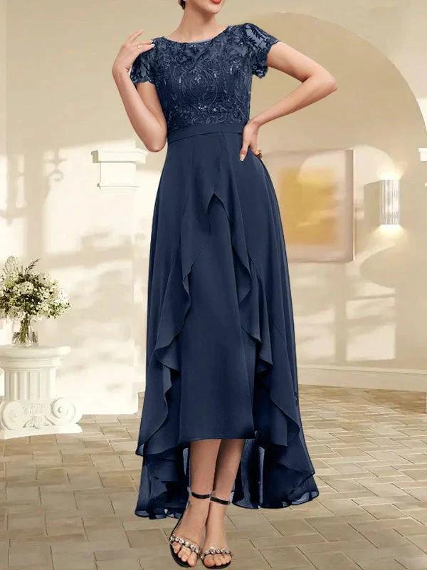 A-line Scoop Illusion Asymmetrical Chiffon Lace Mother of the Bride Dress With Bow Ruffle Sequins - Image 34