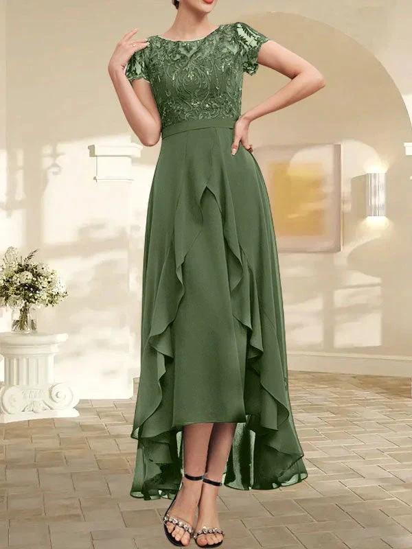 A-line Scoop Illusion Asymmetrical Chiffon Lace Mother of the Bride Dress With Bow Ruffle Sequins - Image 35