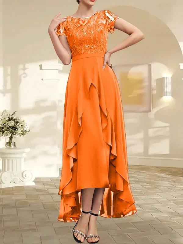 A-line Scoop Illusion Asymmetrical Chiffon Lace Mother of the Bride Dress With Bow Ruffle Sequins - Image 36