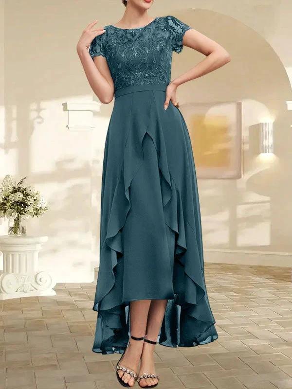 A-line Scoop Illusion Asymmetrical Chiffon Lace Mother of the Bride Dress With Bow Ruffle Sequins - Image 37