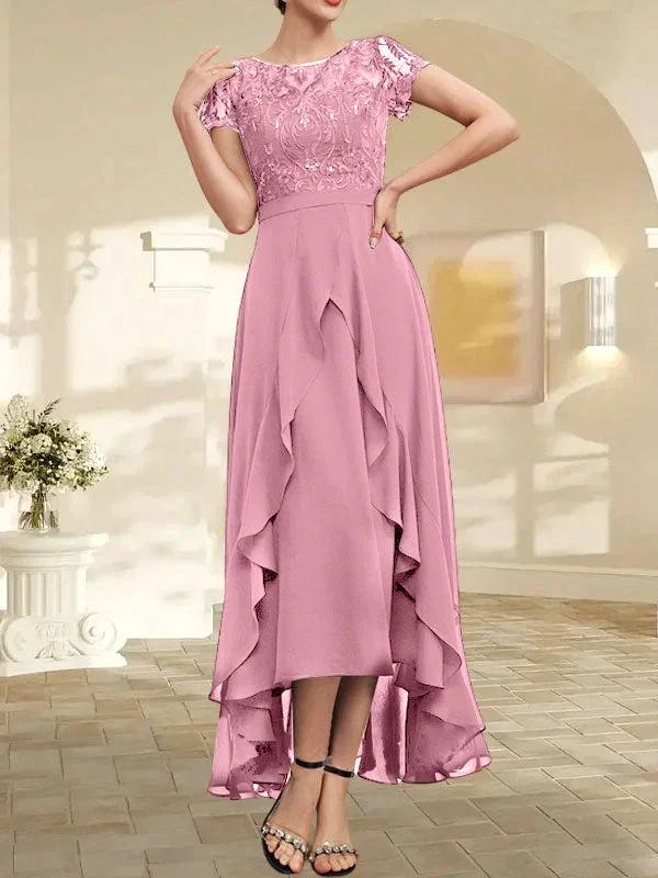 A-line Scoop Illusion Asymmetrical Chiffon Lace Mother of the Bride Dress With Bow Ruffle Sequins - Image 38