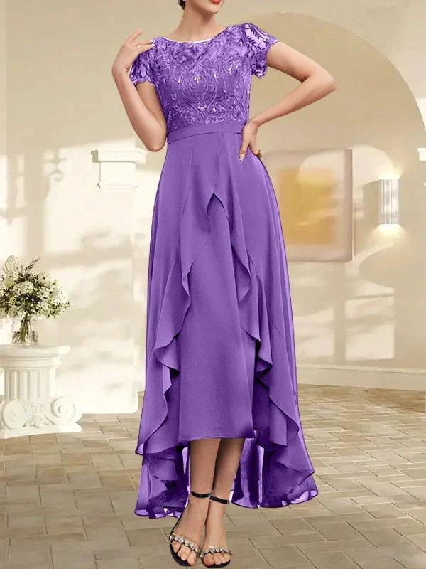 A-line Scoop Illusion Asymmetrical Chiffon Lace Mother of the Bride Dress With Bow Ruffle Sequins - Image 39