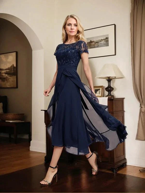 A-line Scoop Illusion Asymmetrical Chiffon Lace Mother of the Bride Dress With Bow Ruffle Sequins - Image 4