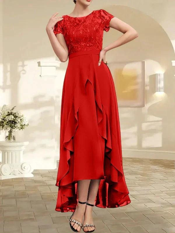 A-line Scoop Illusion Asymmetrical Chiffon Lace Mother of the Bride Dress With Bow Ruffle Sequins - Image 40