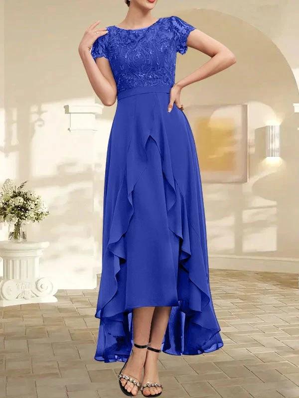A-line Scoop Illusion Asymmetrical Chiffon Lace Mother of the Bride Dress With Bow Ruffle Sequins - Image 41