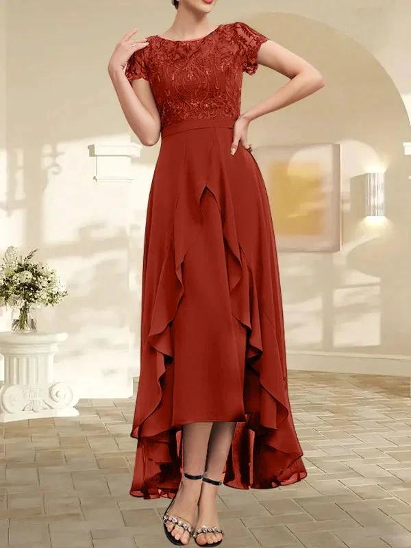 A-line Scoop Illusion Asymmetrical Chiffon Lace Mother of the Bride Dress With Bow Ruffle Sequins - Image 42